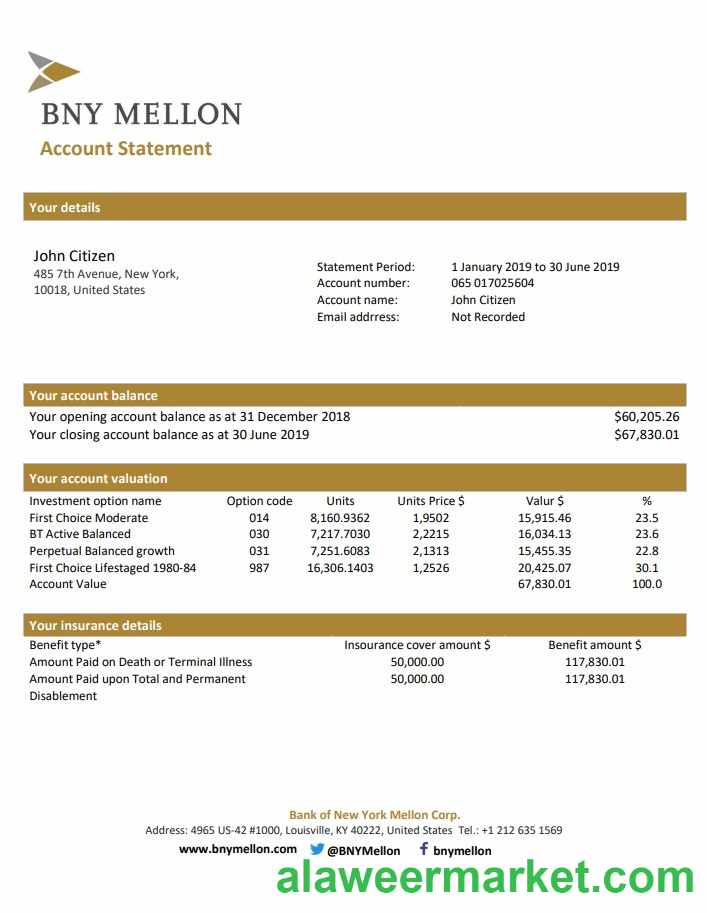 USA Bank of New York Mellon proof of address bank statement template in Word and PDF format (.doc and .pdf)